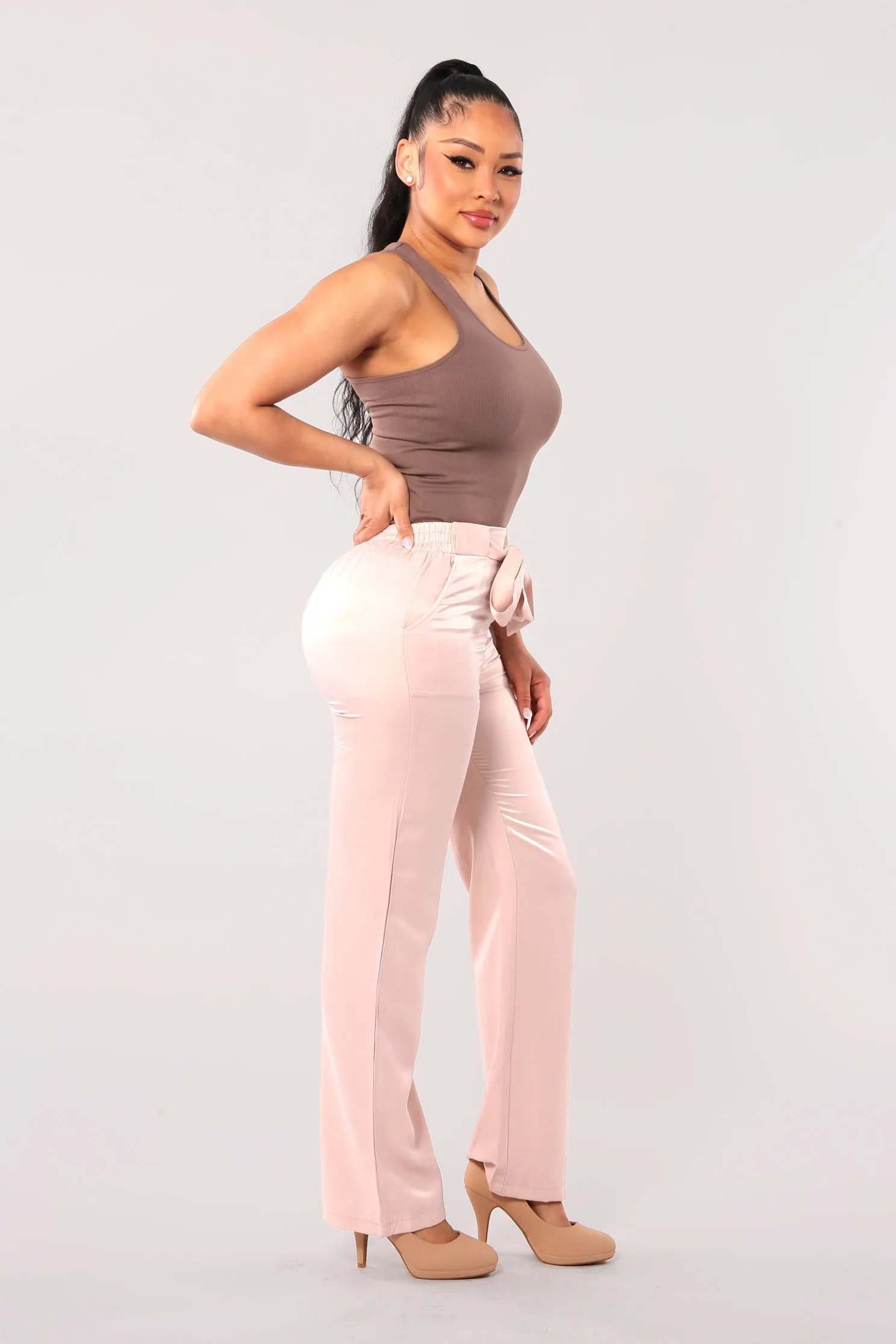 Tribute Silk Straight Leg Pants With Self Tie - Blush Pink