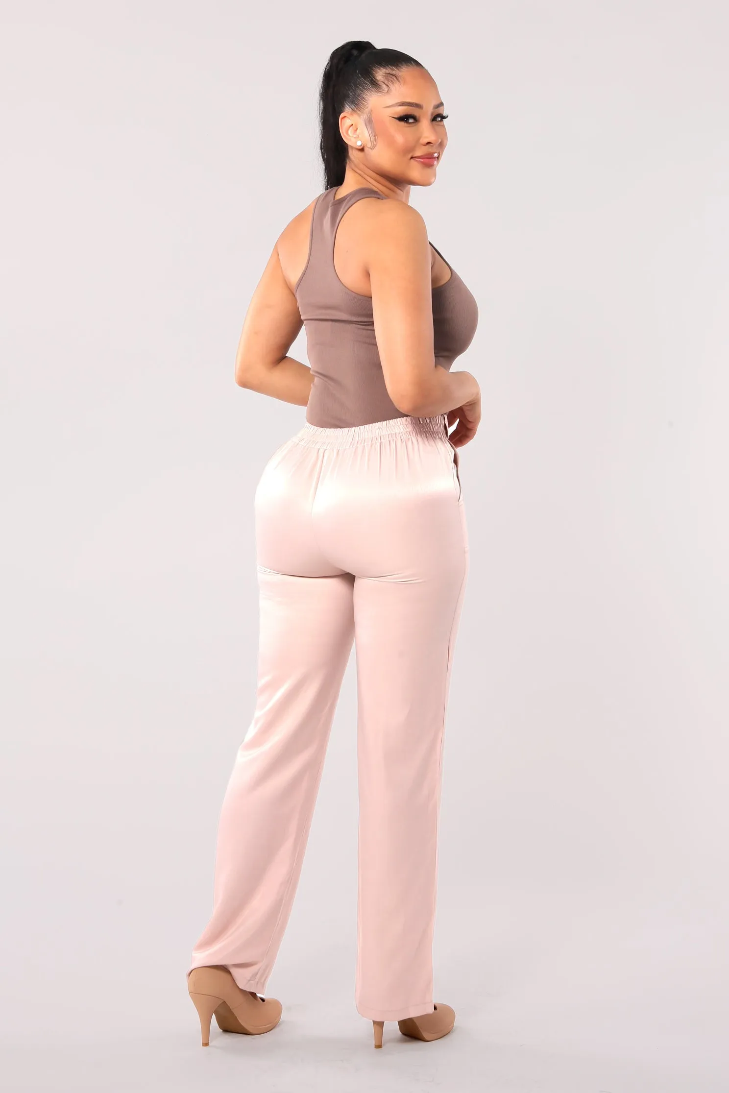 Tribute Silk Straight Leg Pants With Self Tie - Blush Pink