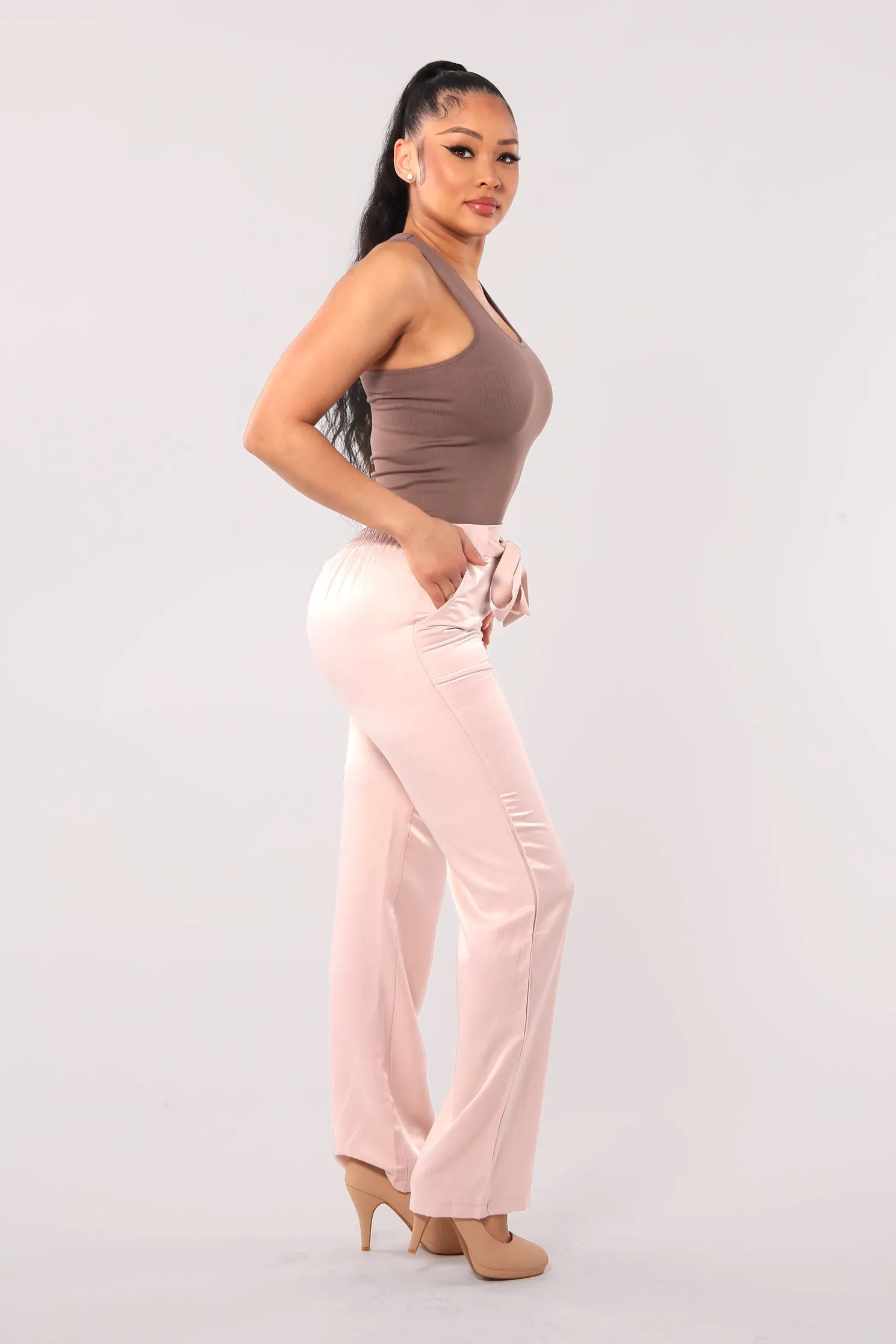 Tribute Silk Straight Leg Pants With Self Tie - Blush Pink