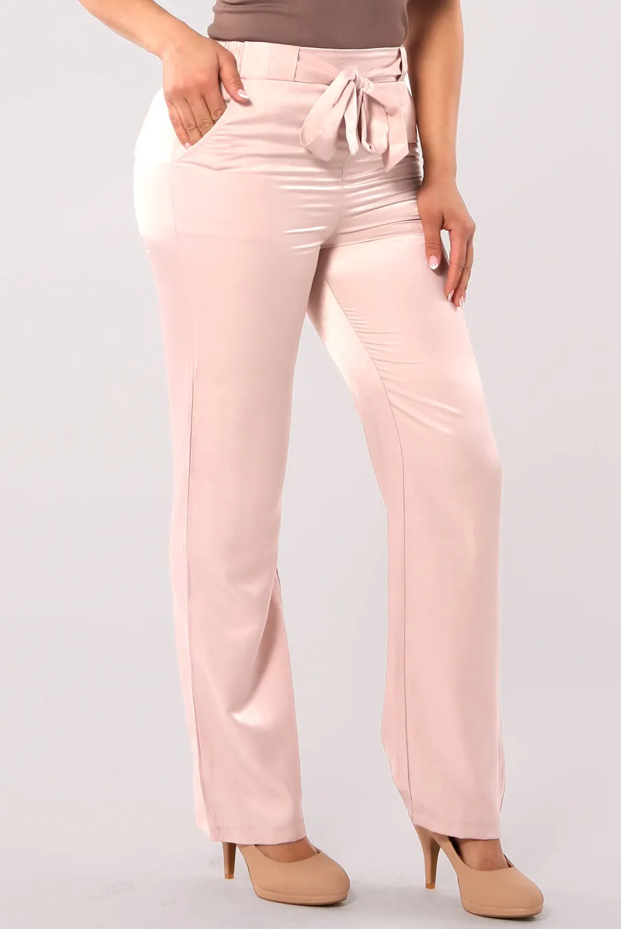 Tribute Silk Straight Leg Pants With Self Tie - Blush Pink