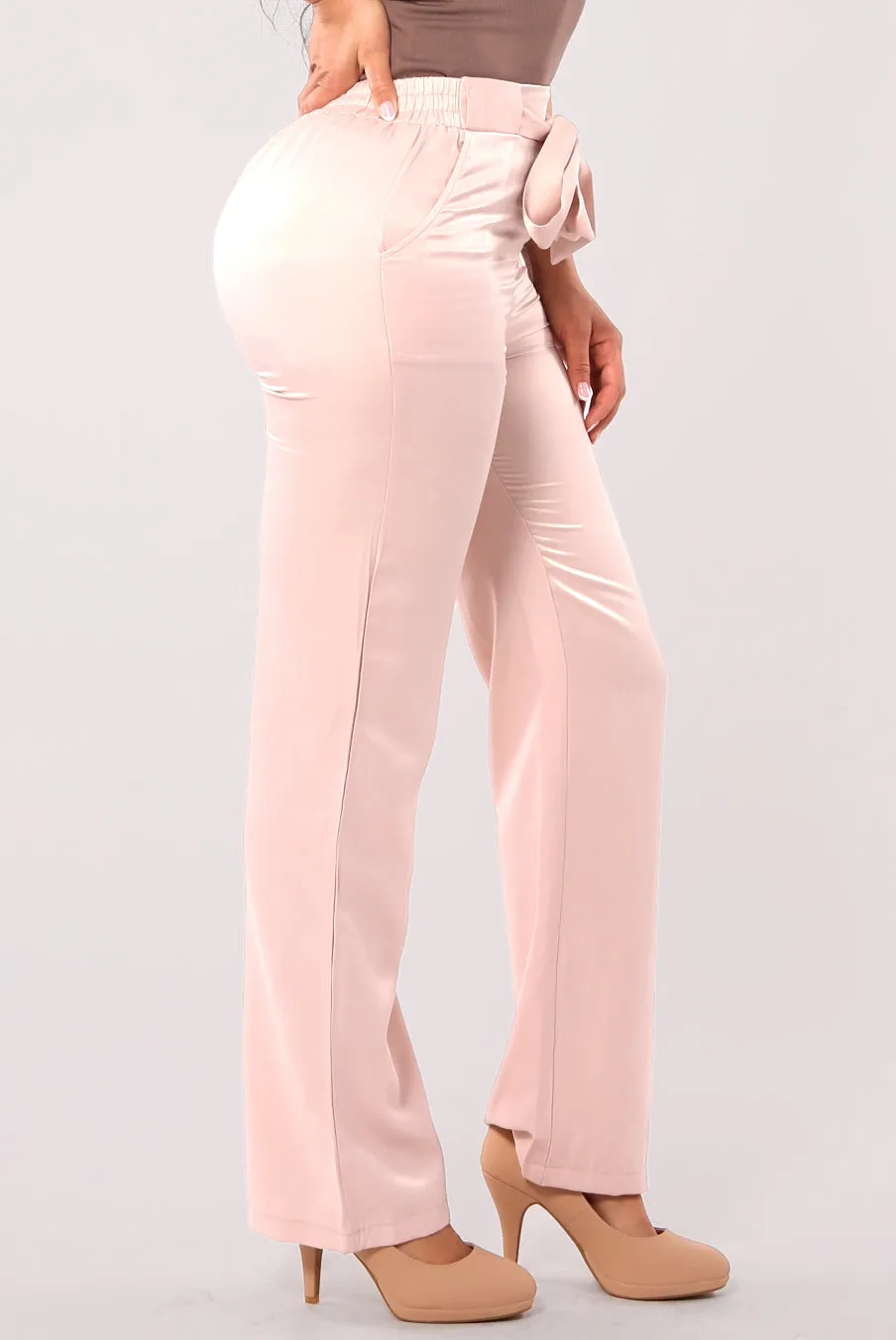 Tribute Silk Straight Leg Pants With Self Tie - Blush Pink