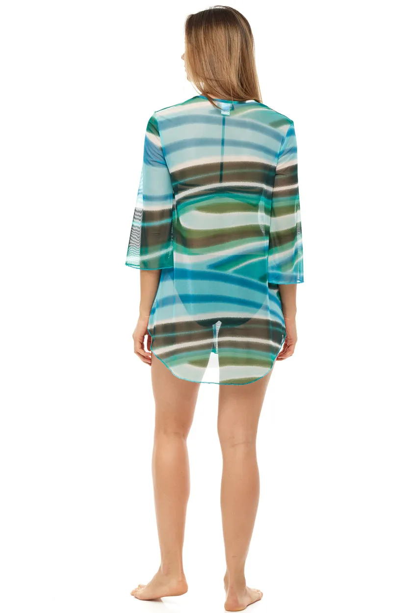 V-NECK BELL SLEEVE TUNIC - POWER MESH PRINT