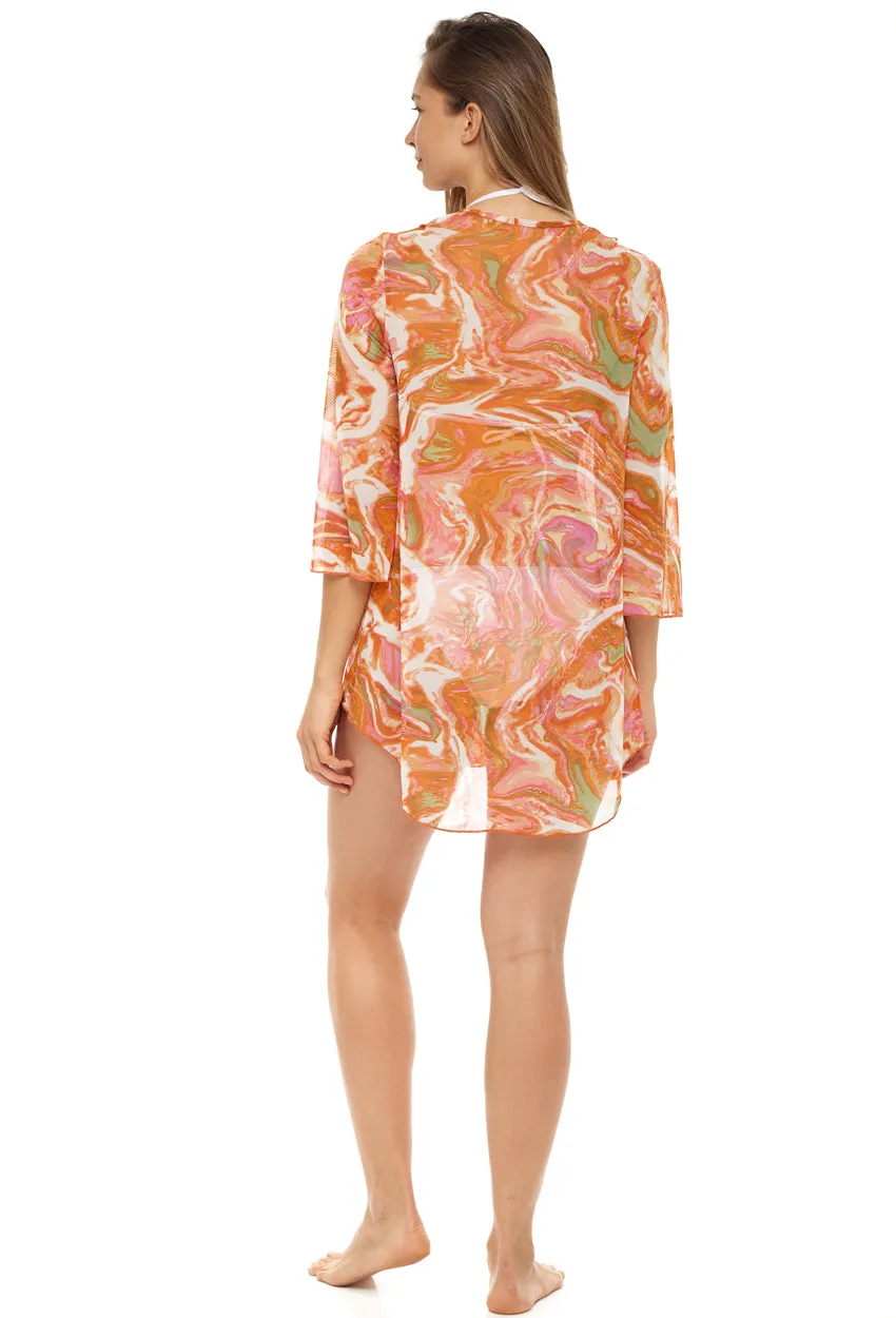 V-NECK BELL SLEEVE TUNIC - POWER MESH PRINT