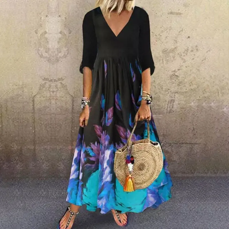 V-Neck Flower Print Loose Dress