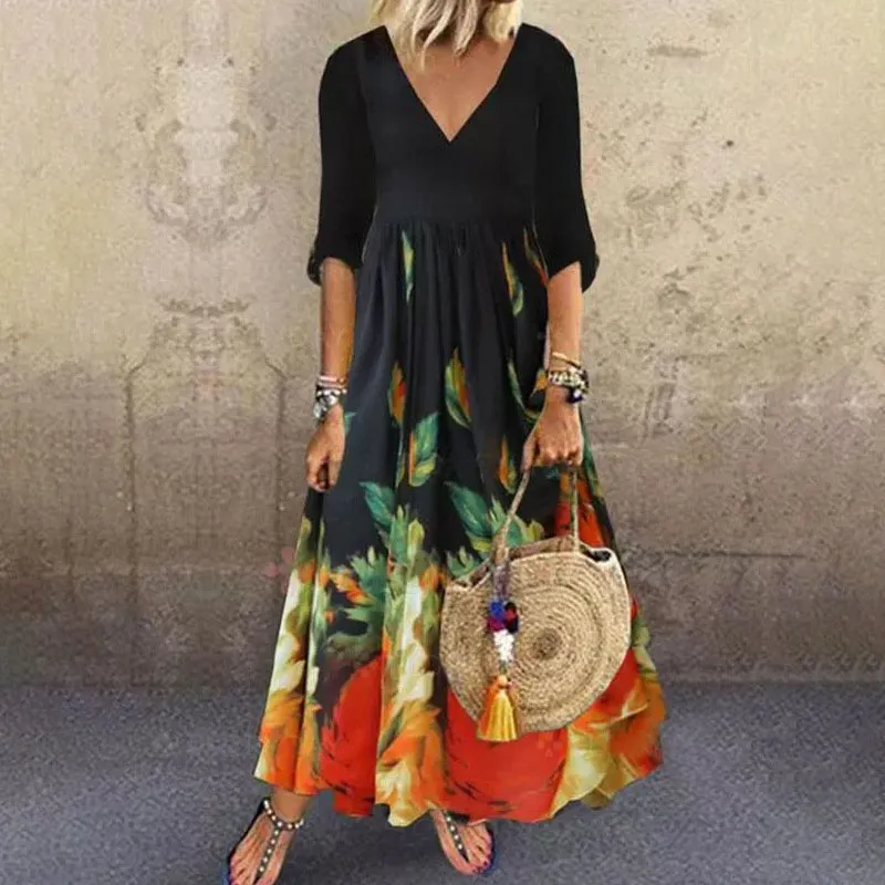 V-Neck Flower Print Loose Dress