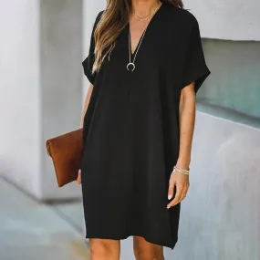 V-neck Short-sleeved Solid Color Loose Dress