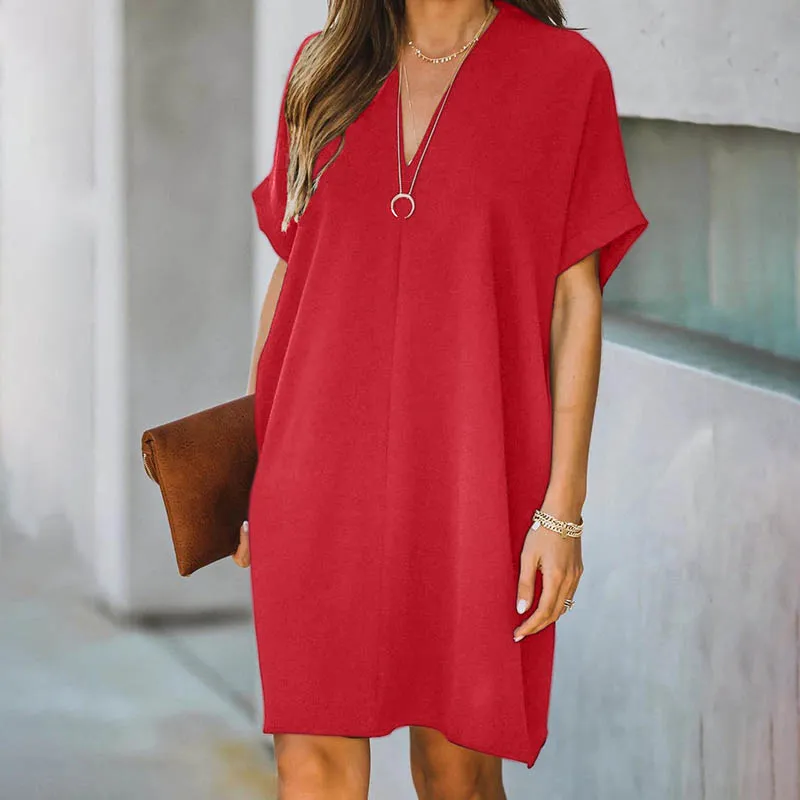 V-neck Short-sleeved Solid Color Loose Dress