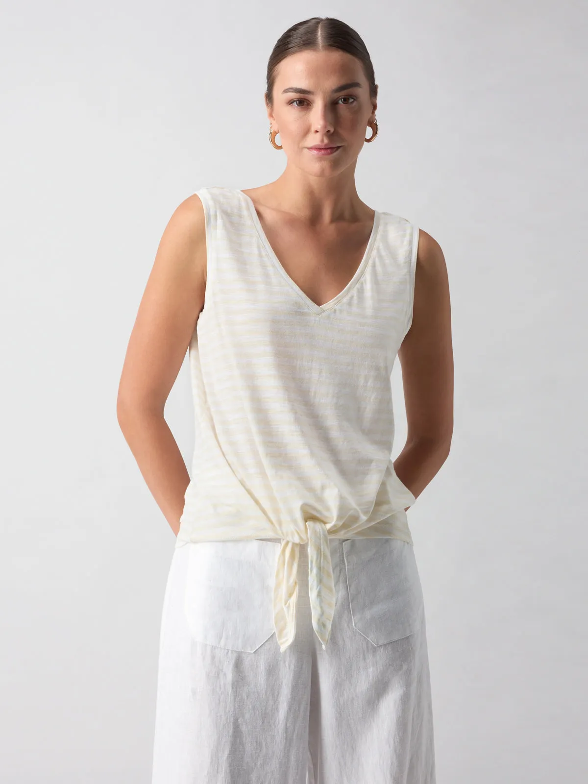 V-Neck Tie Tank White Birch Stripe