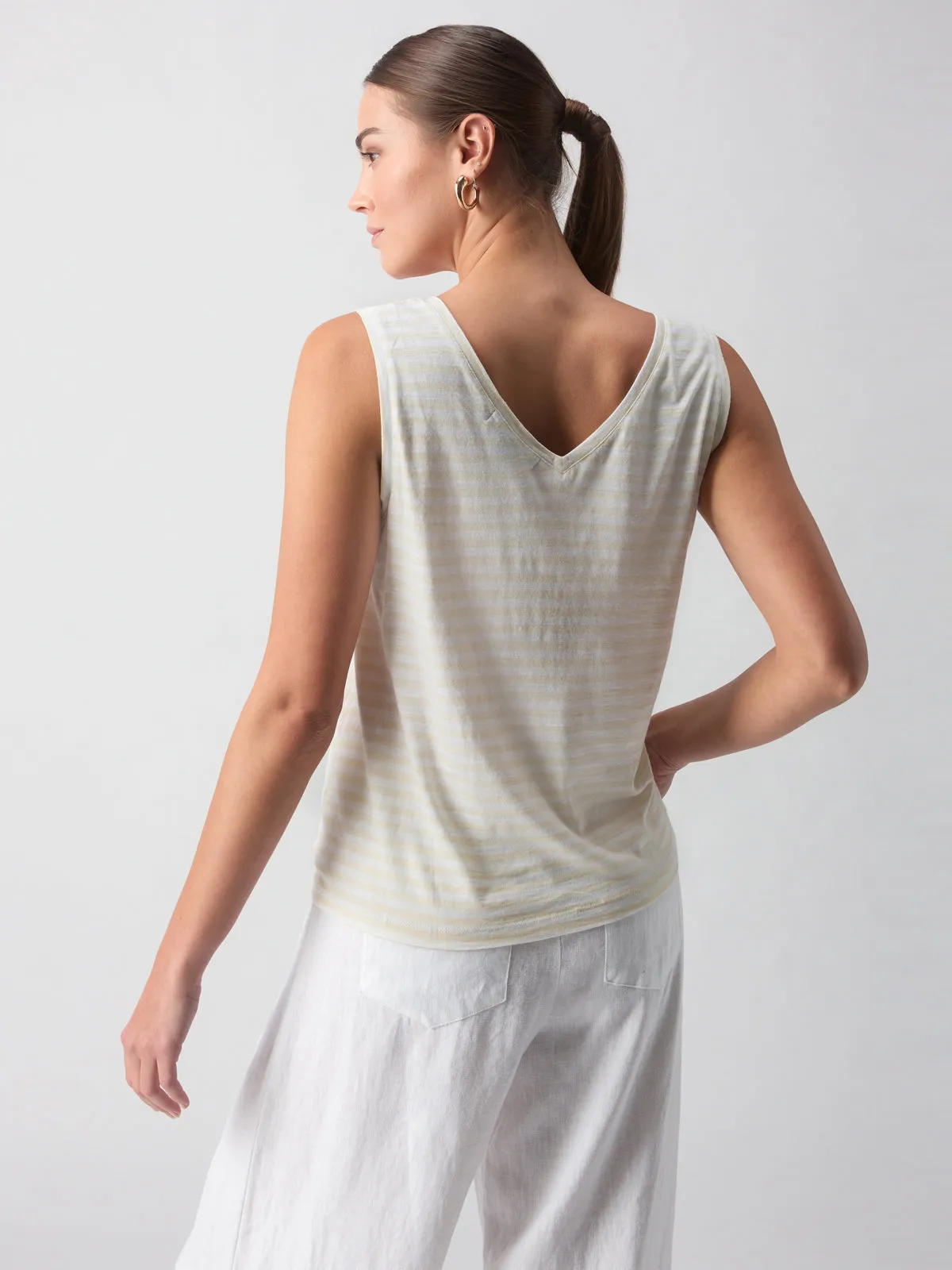 V-Neck Tie Tank White Birch Stripe