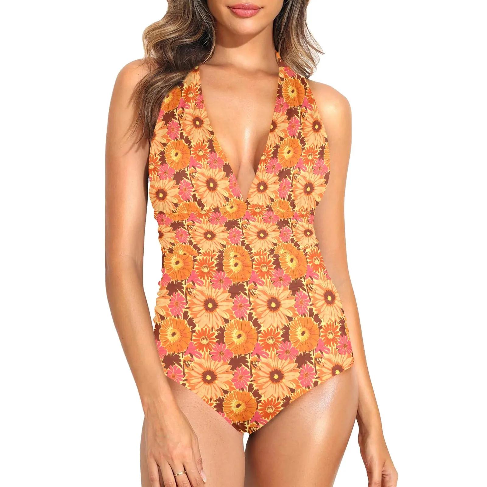 Vampire Art Glam Plunge Halter Backless Swimsuit - 1970s Orange Florals