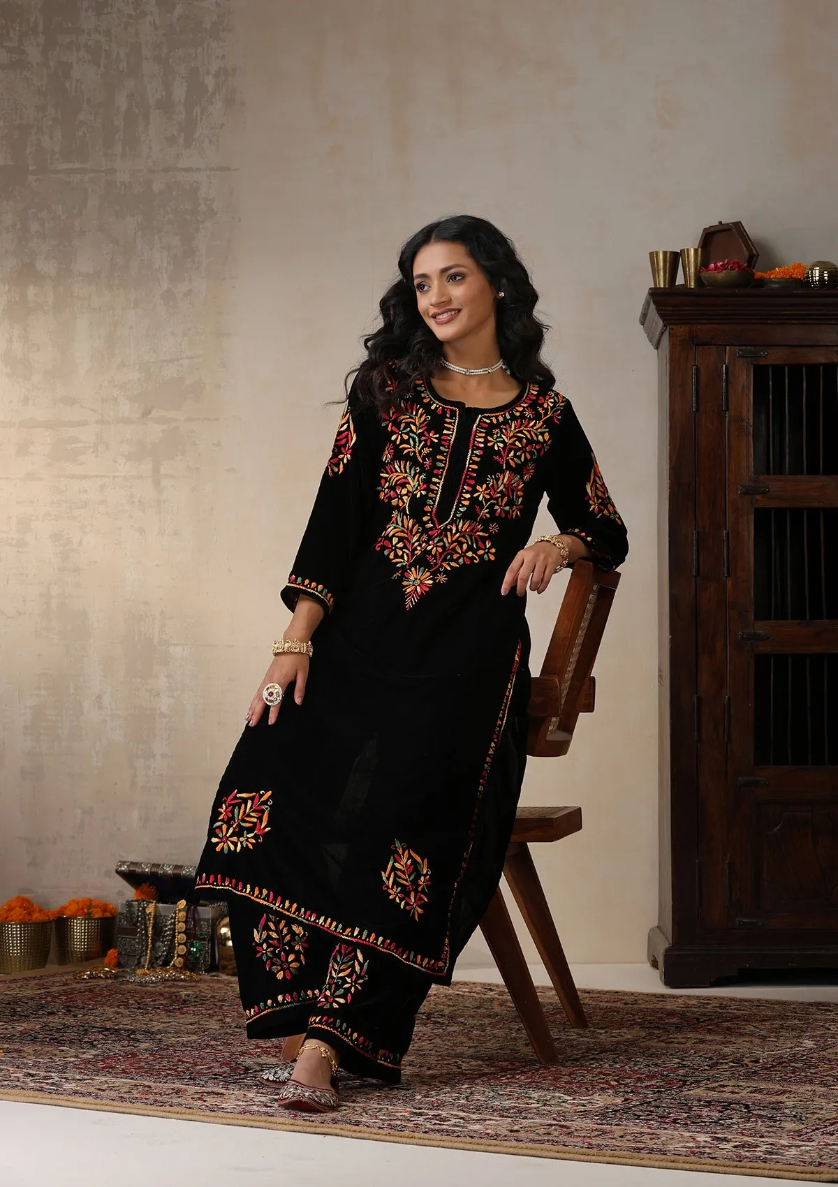 Velvet Chikankari Solid Women's 2 PC Long Kurta Set - Black