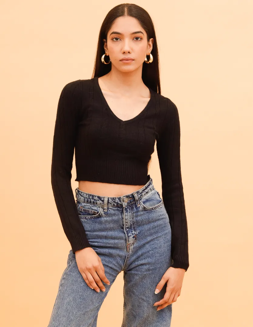 Women Black V Neck Long Sleeve Crop