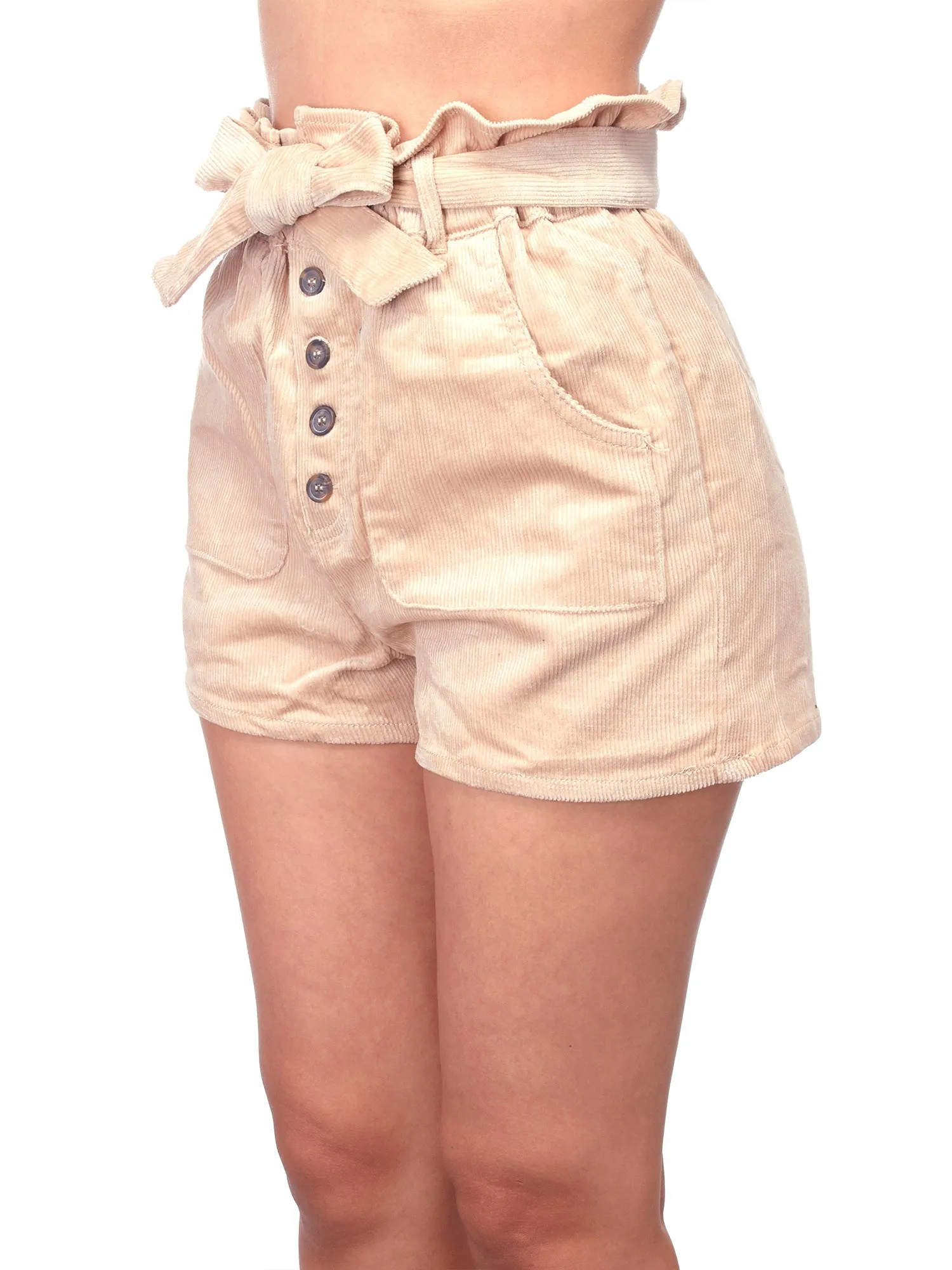 Women's Belted Waist Paperbag Casual Shorts with Pockets (FWB1039)