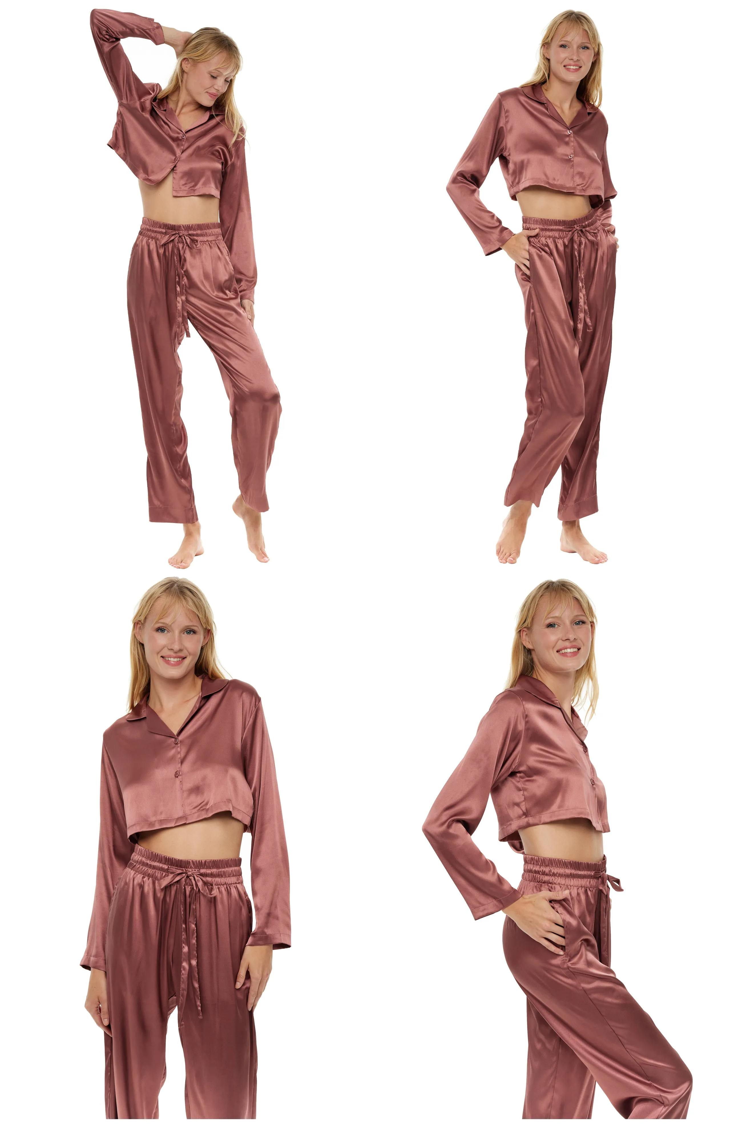 Women's Crop Top Satin Pajama Set with Pockets, Drawstring