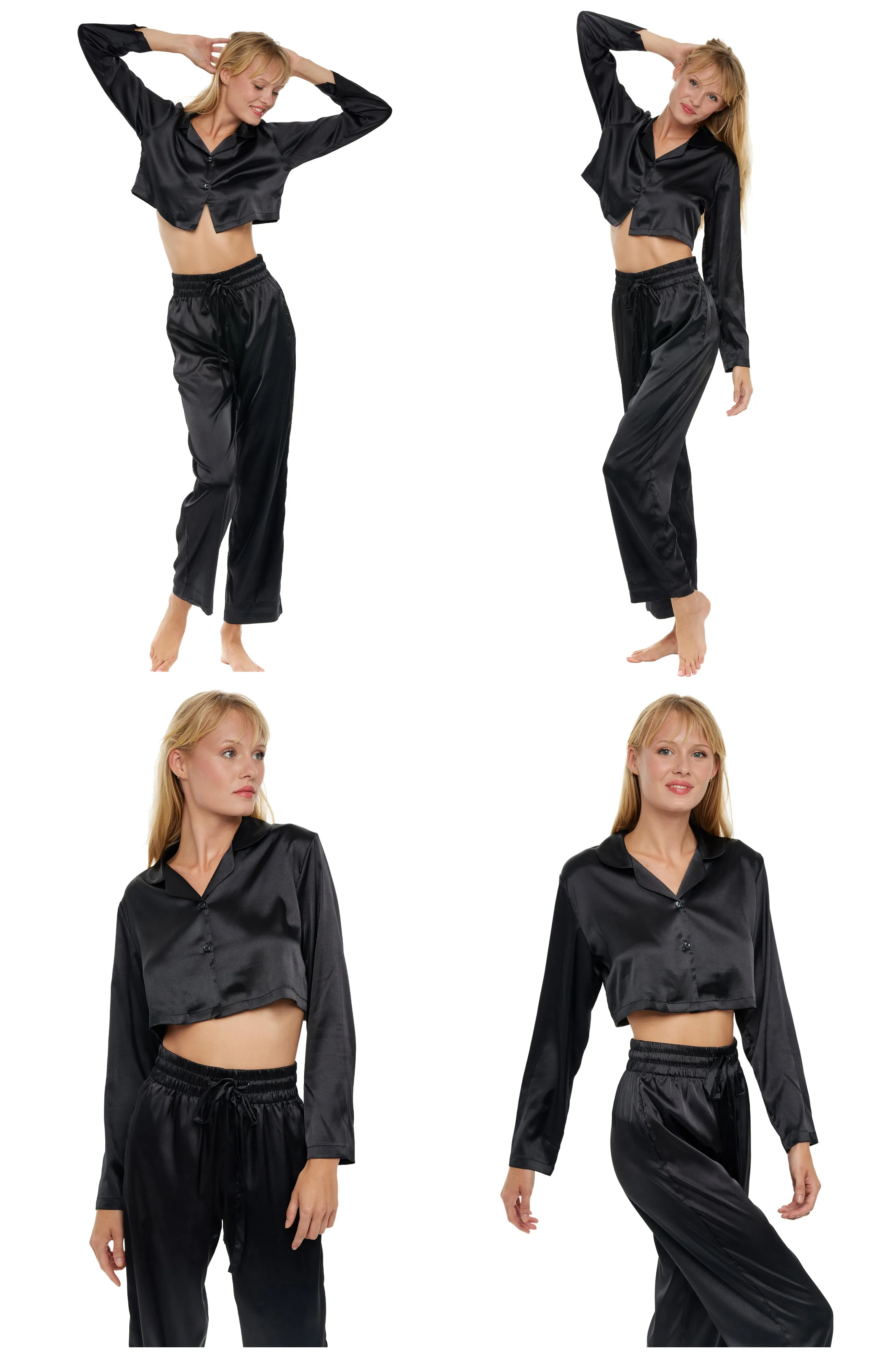 Women's Crop Top Satin Pajama Set with Pockets, Drawstring