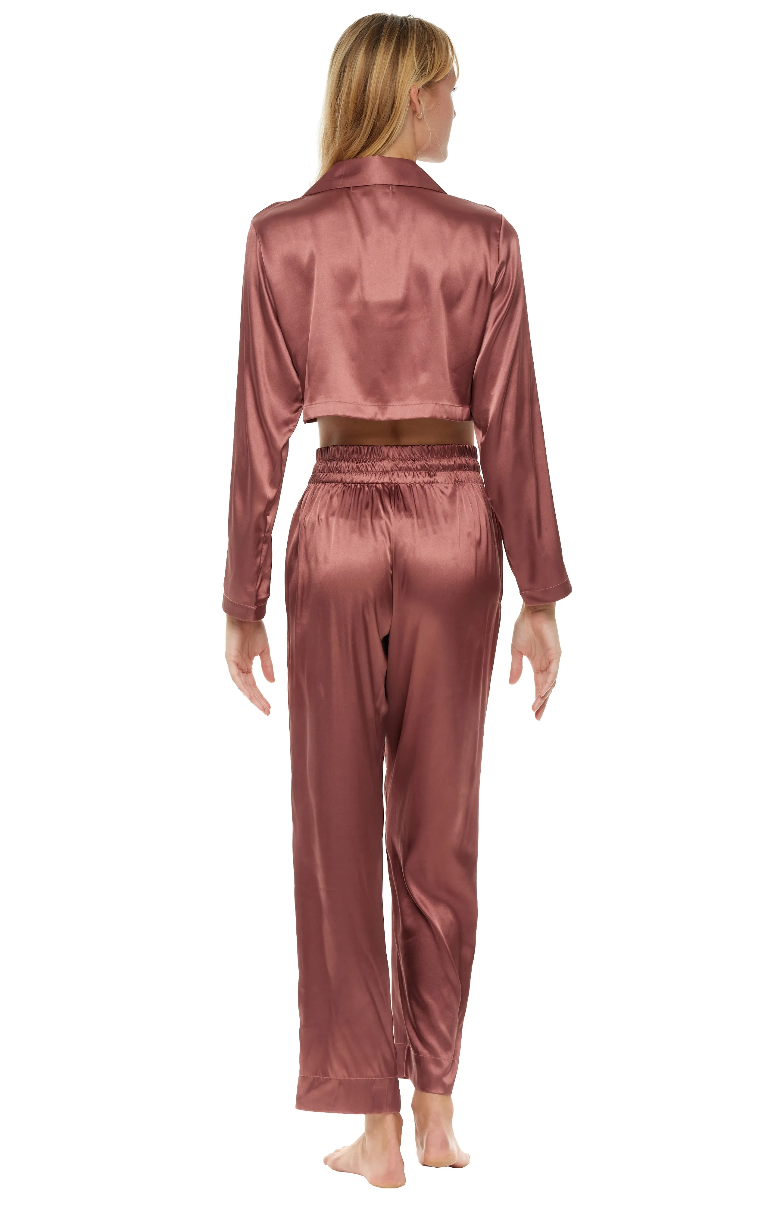 Women's Crop Top Satin Pajama Set with Pockets, Drawstring