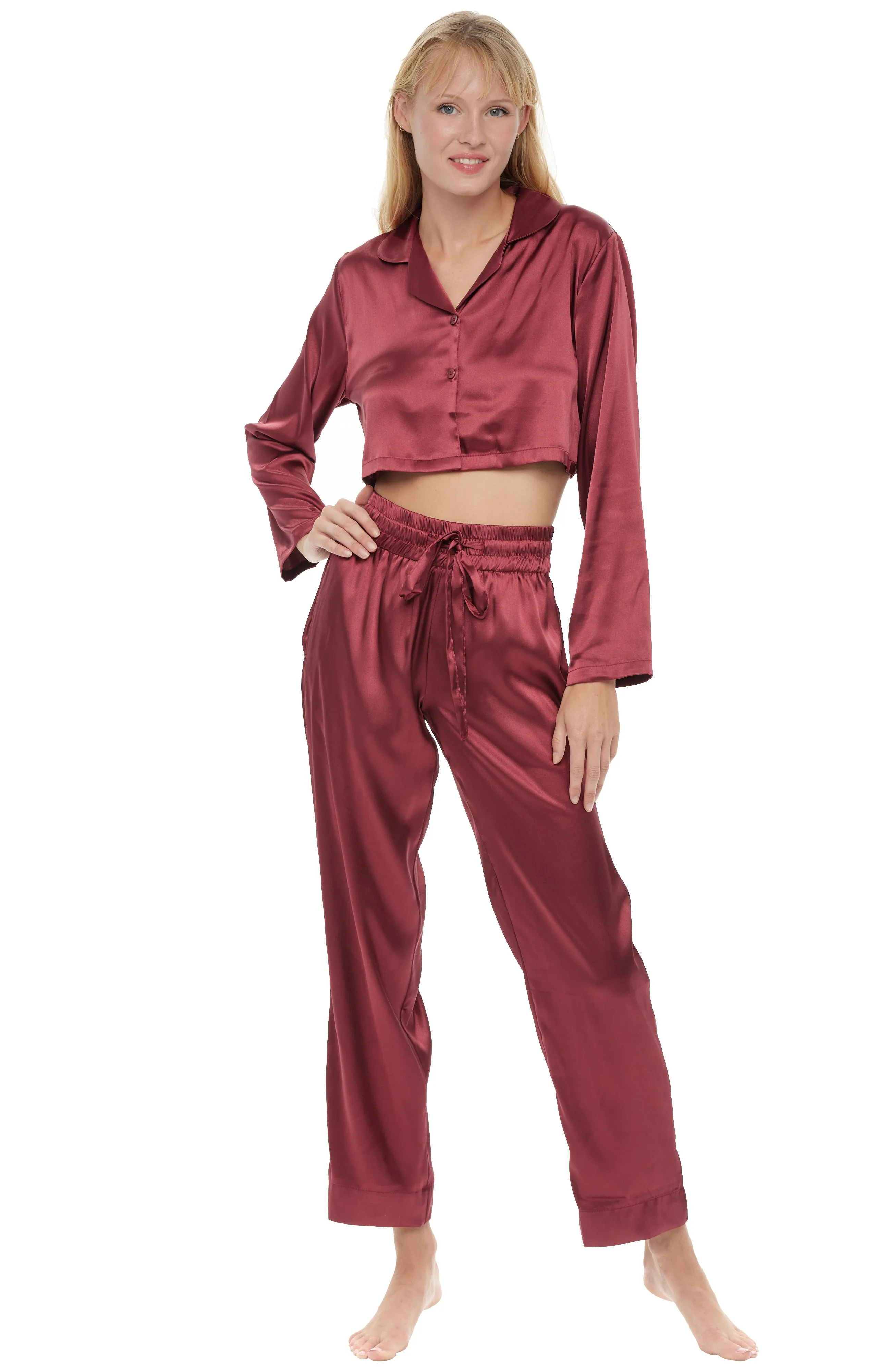 Women's Crop Top Satin Pajama Set with Pockets, Drawstring