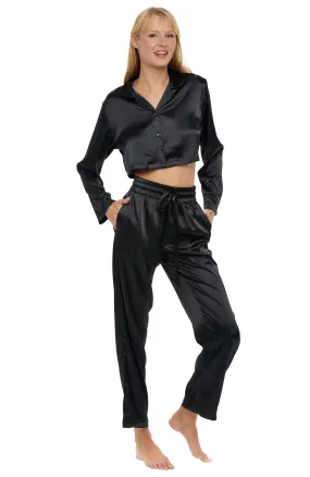 Women's Crop Top Satin Pajama Set with Pockets, Drawstring