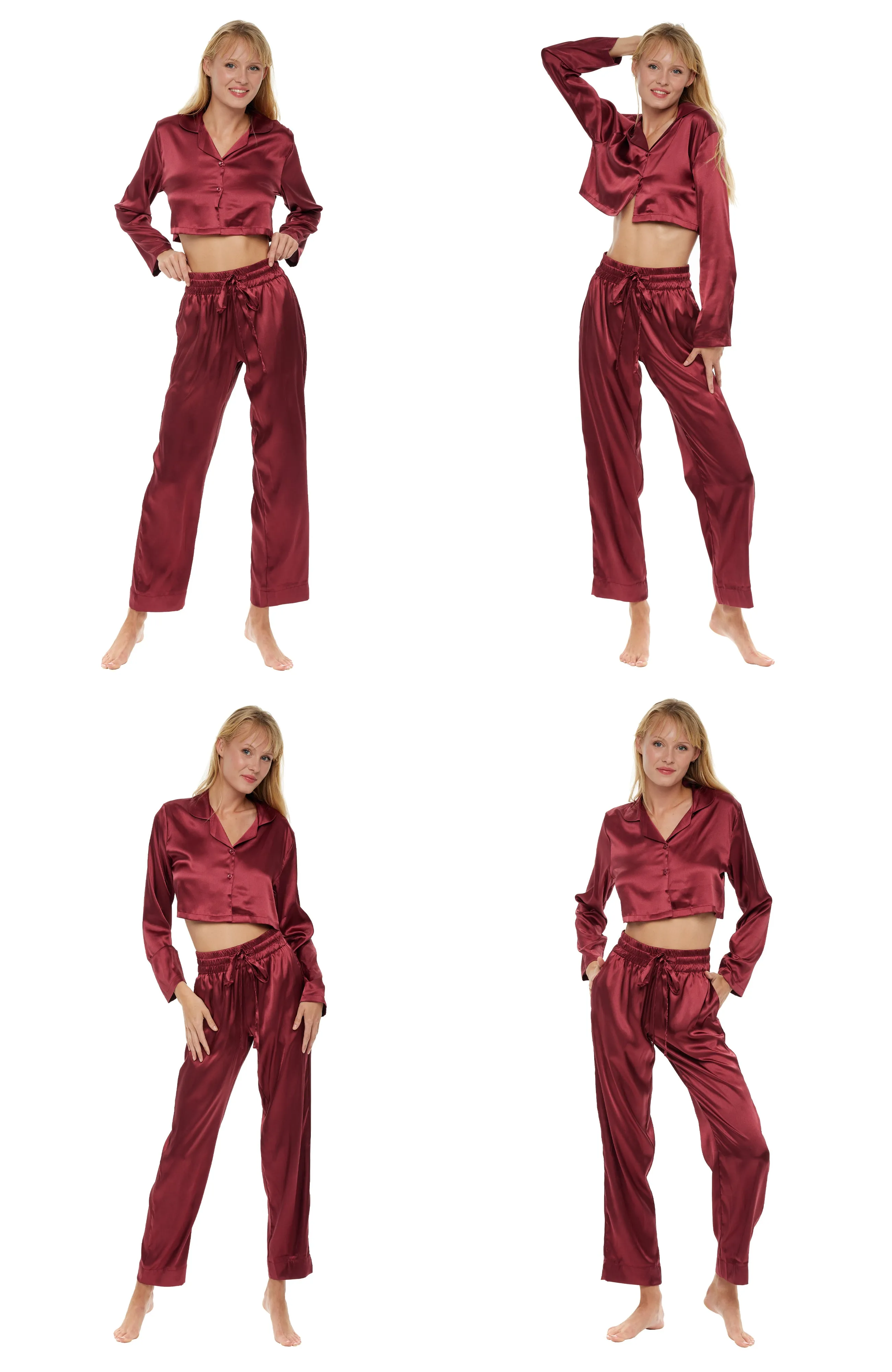 Women's Crop Top Satin Pajama Set with Pockets, Drawstring