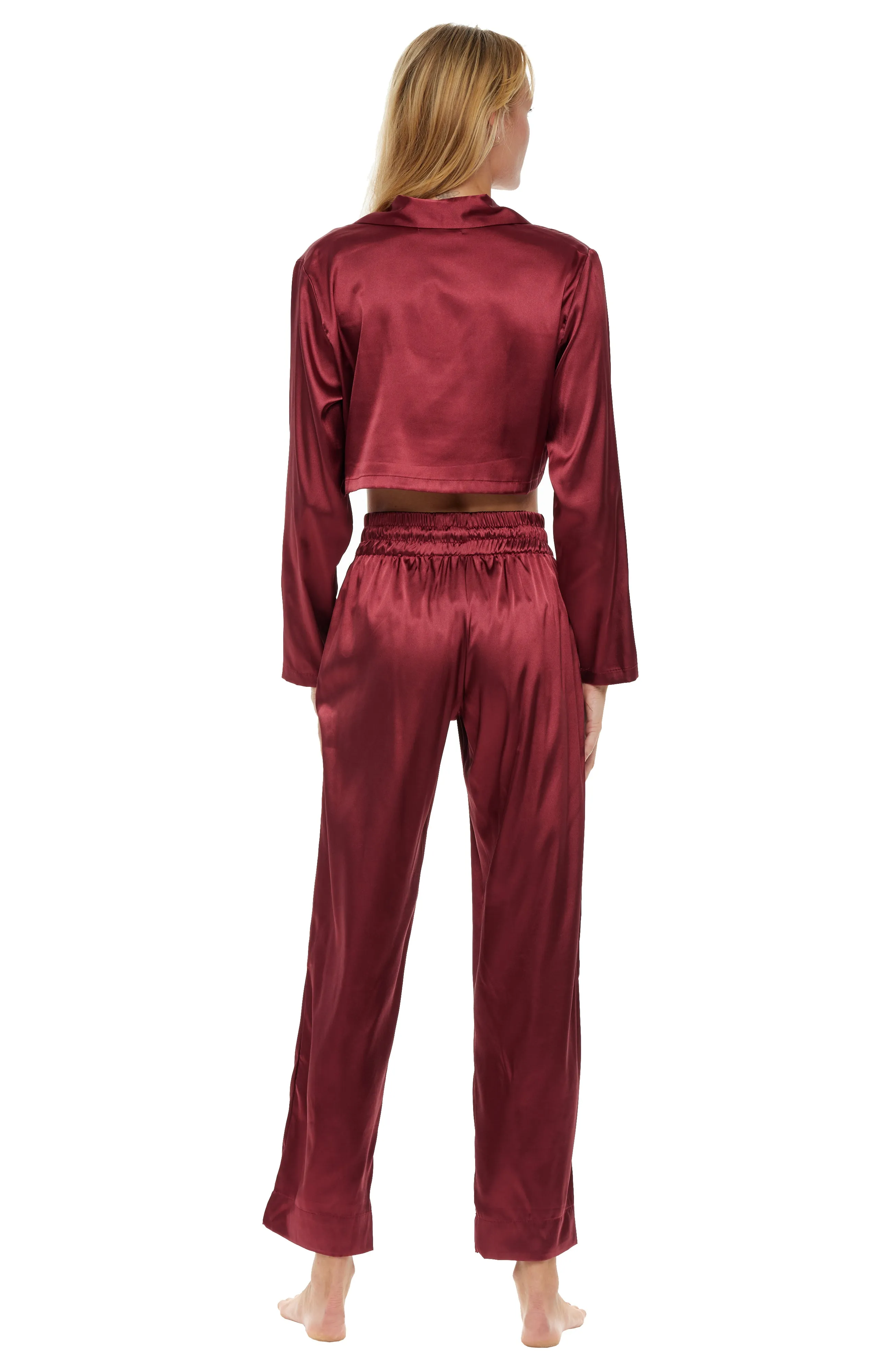 Women's Crop Top Satin Pajama Set with Pockets, Drawstring