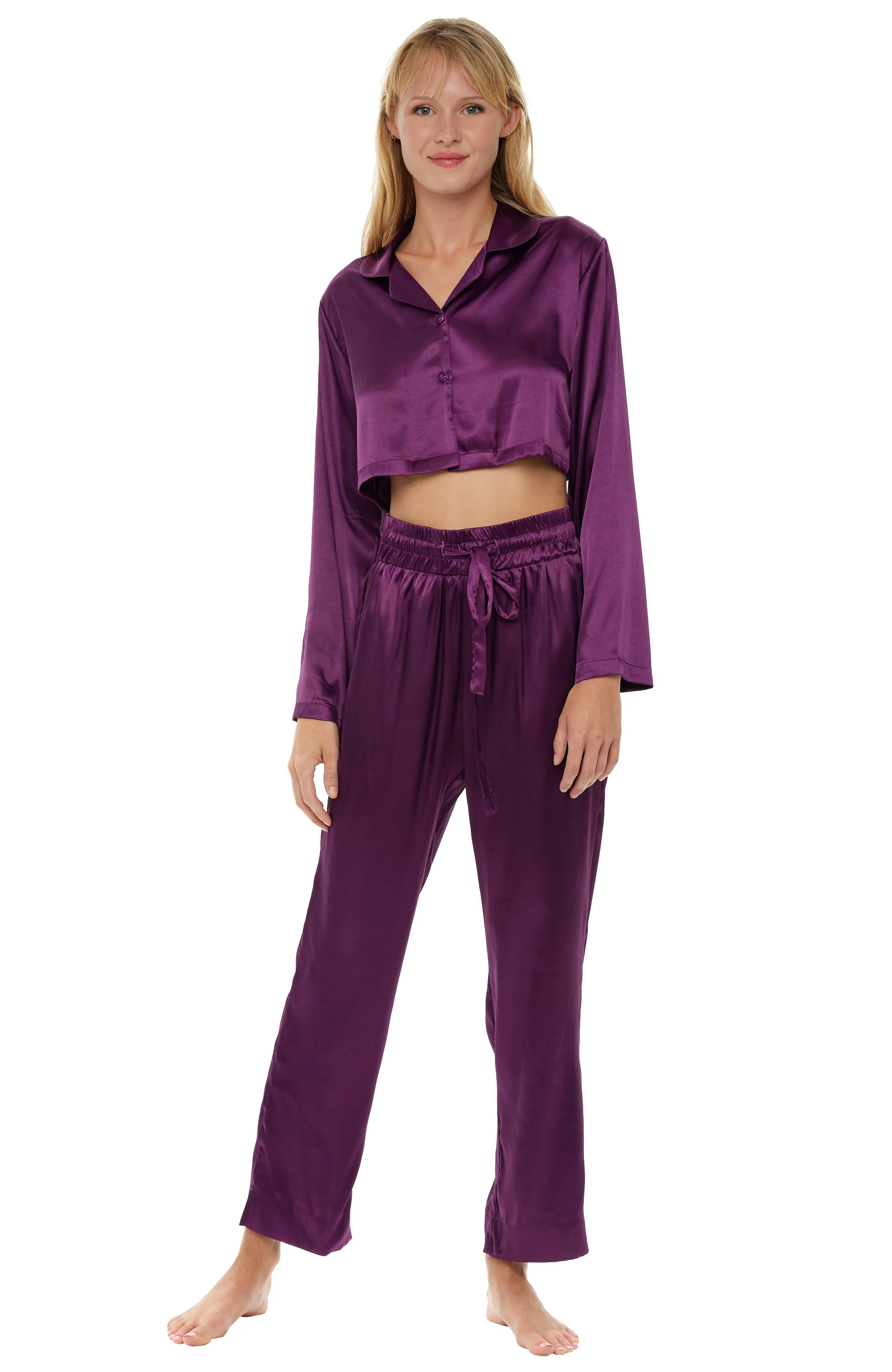 Women's Crop Top Satin Pajama Set with Pockets, Drawstring