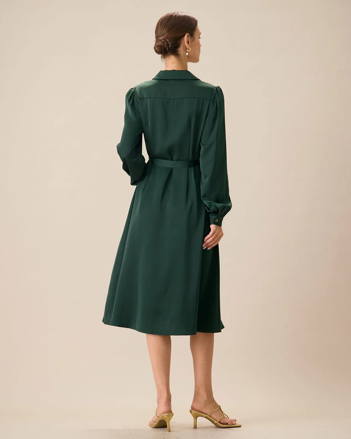 Women's Green Satin Button Midi Dress