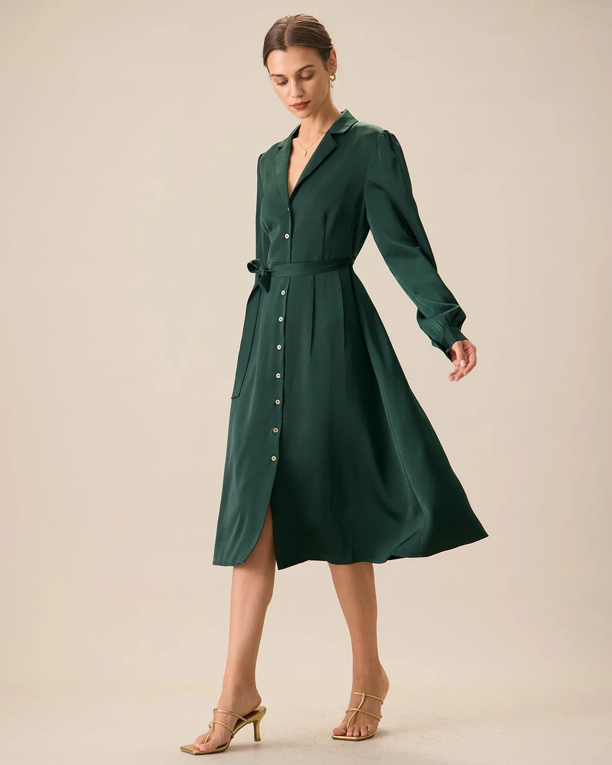 Women's Green Satin Button Midi Dress