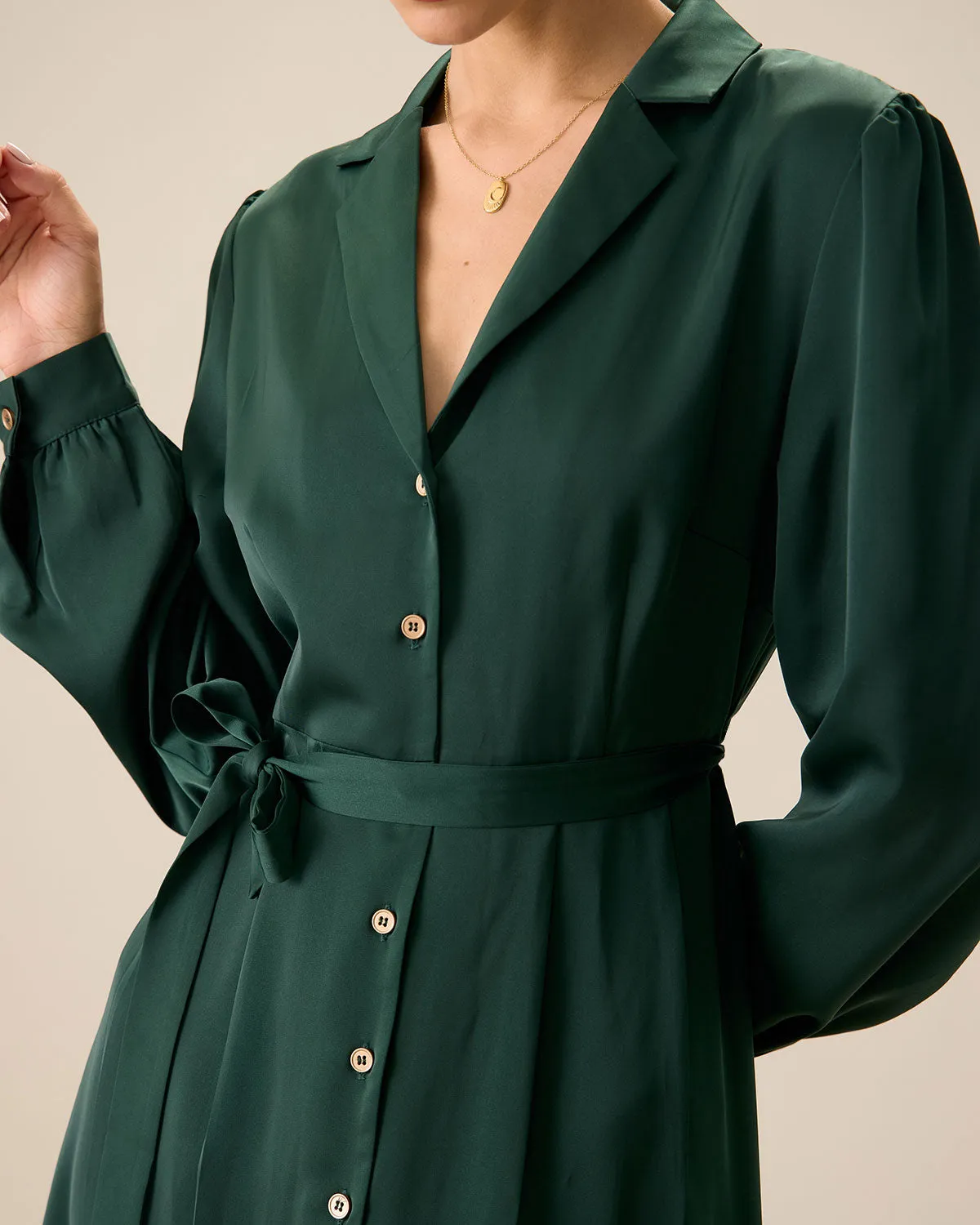 Women's Green Satin Button Midi Dress