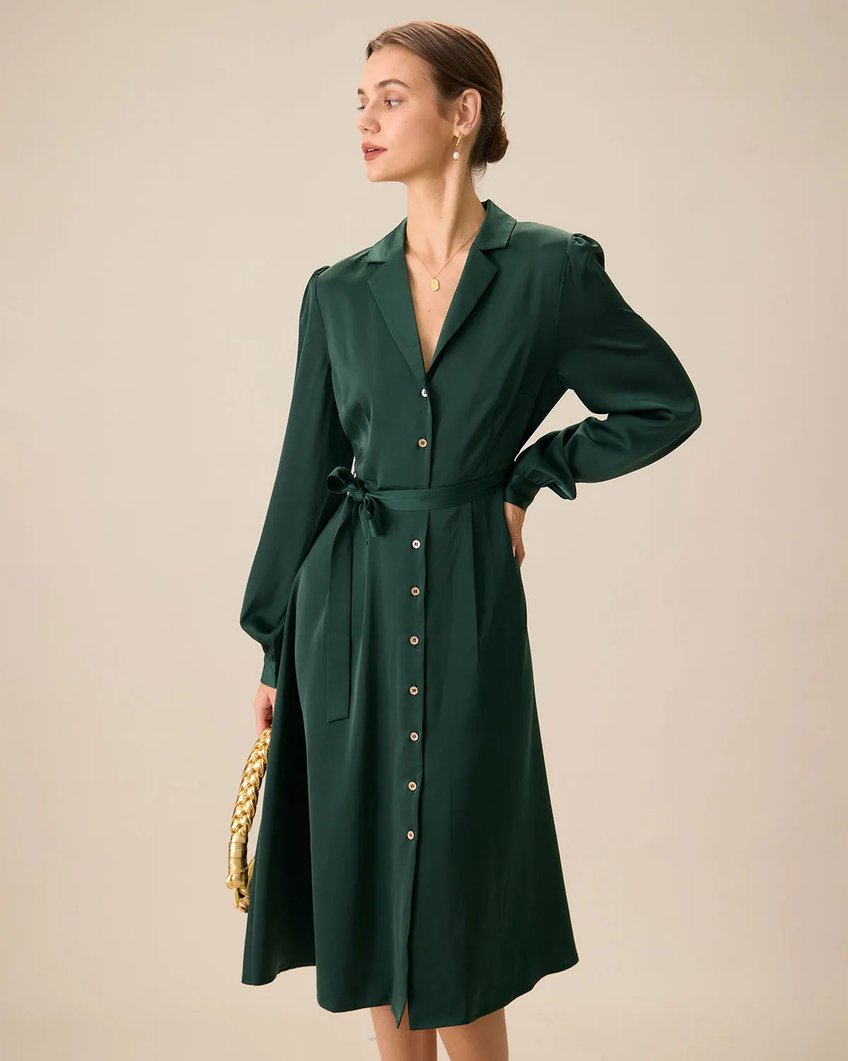 Women's Green Satin Button Midi Dress