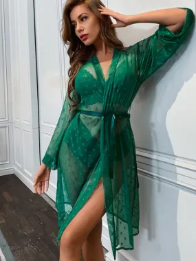 Women's Sexy Mesh Dressing Gown With Matching Lace Bra And Pants