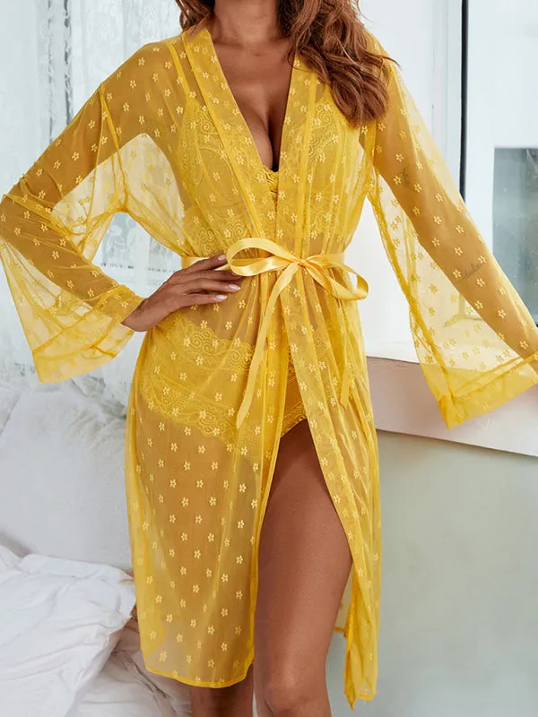 Women's Sexy Mesh Dressing Gown With Matching Lace Bra And Pants