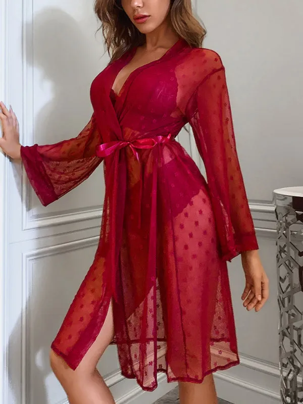 Women's Sexy Mesh Dressing Gown With Matching Lace Bra And Pants