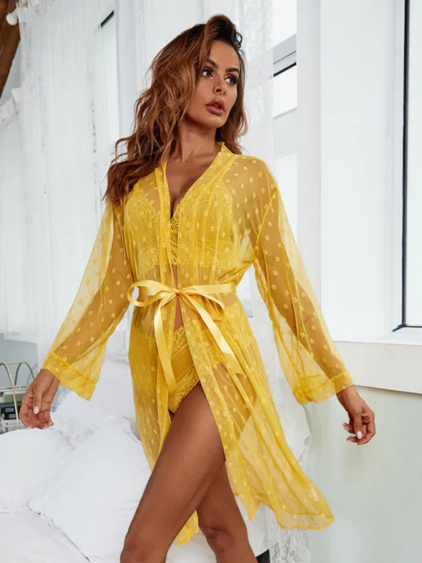 Women's Sexy Mesh Dressing Gown With Matching Lace Bra And Pants