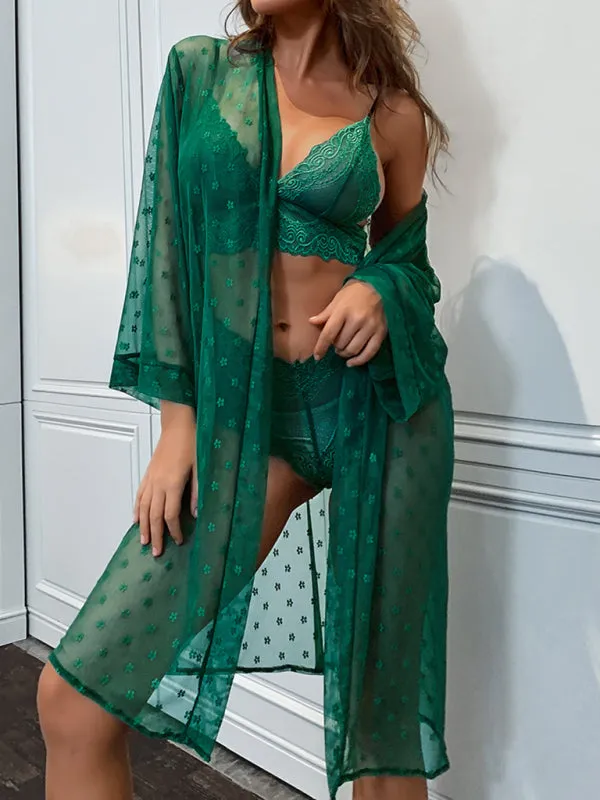 Women's Sexy Mesh Dressing Gown With Matching Lace Bra And Pants