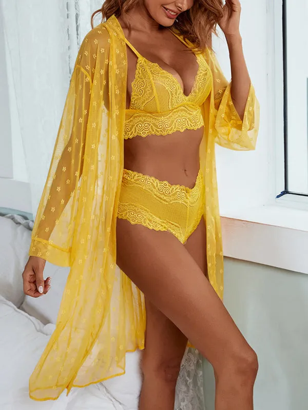 Women's Sexy Mesh Dressing Gown With Matching Lace Bra And Pants