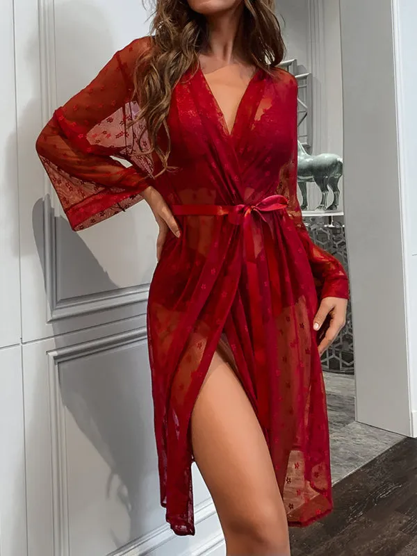 Women's Sexy Mesh Dressing Gown With Matching Lace Bra And Pants