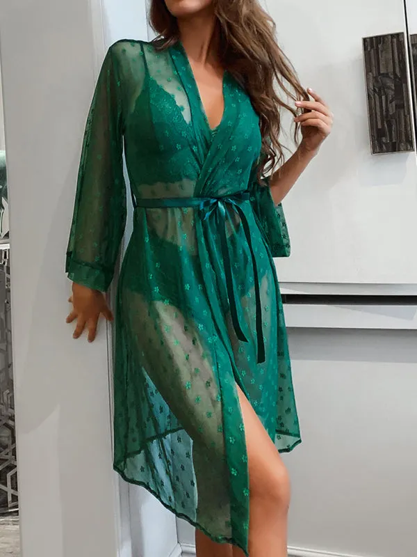 Women's Sexy Mesh Dressing Gown With Matching Lace Bra And Pants