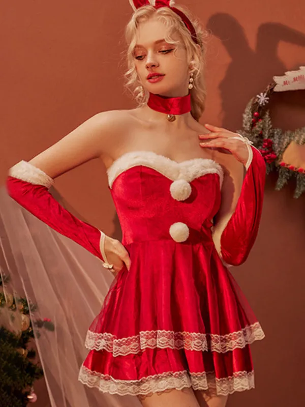 Women's Sexy Santa Velvet and Lace Lingerie Christmas Dress Set