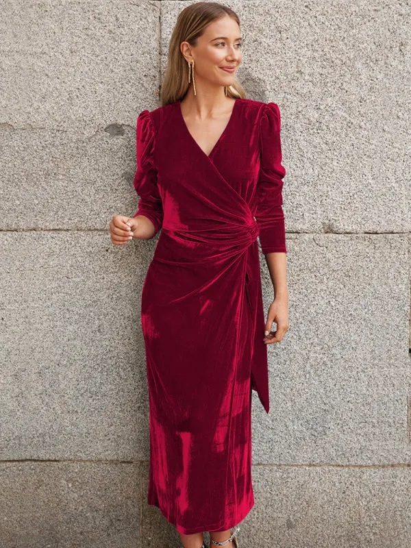 Women's Velvet Elegant Long Length Wrap Dress