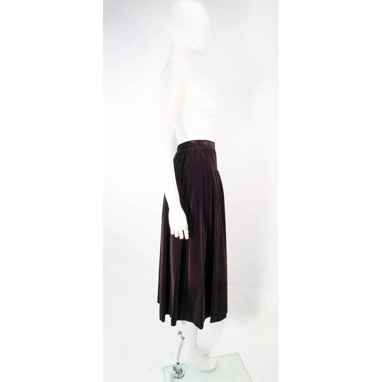 YVES SAINT LAURENT Brown Velvet Pleated Flare Skirt | Size 36