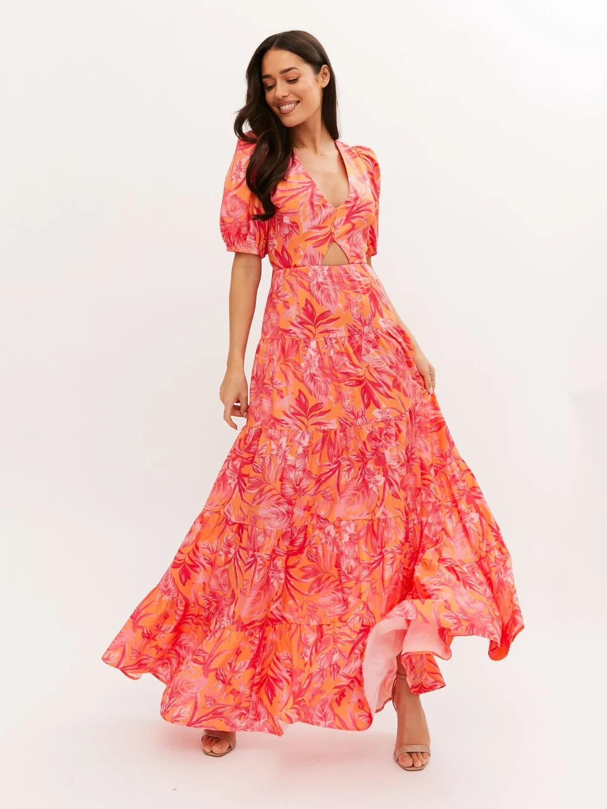 Zoe Tiered Cutout Maxi Dress / Pink & Orange Palm