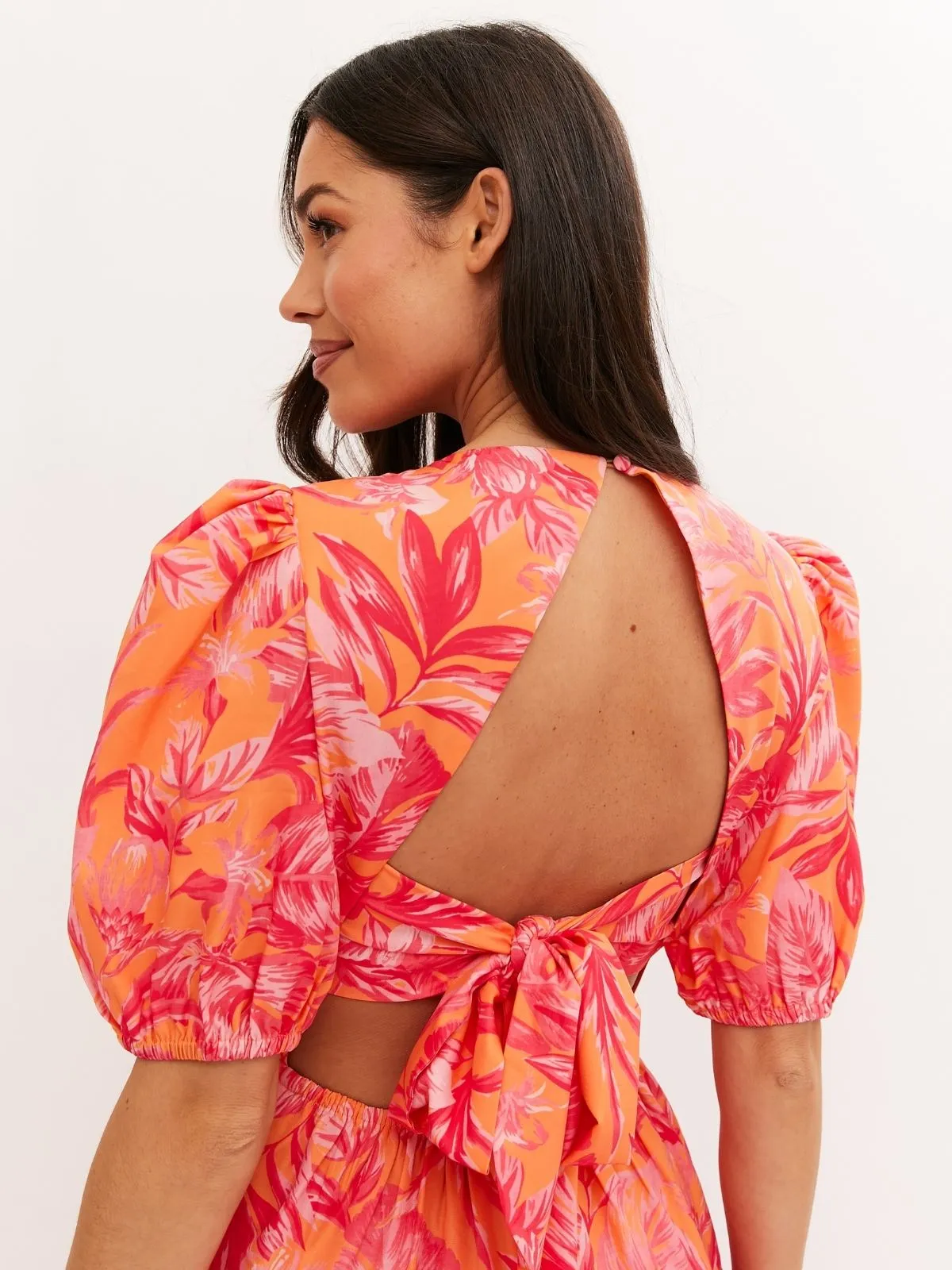 Zoe Tiered Cutout Maxi Dress / Pink & Orange Palm