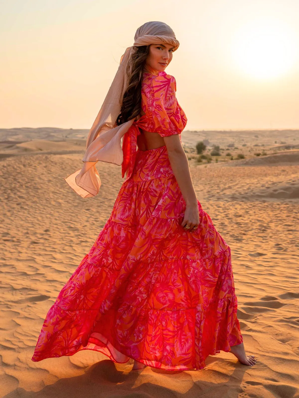 Zoe Tiered Cutout Maxi Dress / Pink & Orange Palm