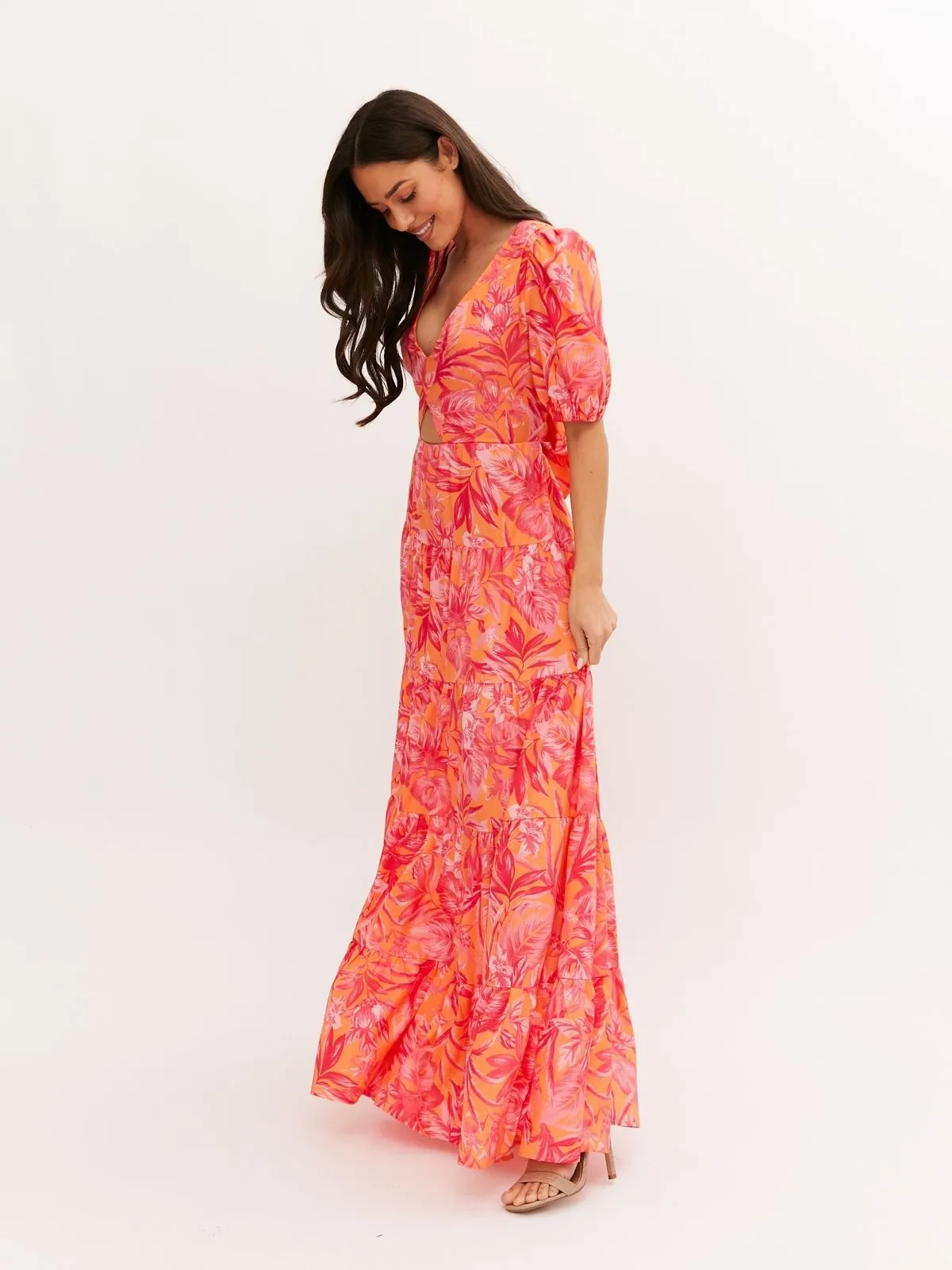 Zoe Tiered Cutout Maxi Dress / Pink & Orange Palm